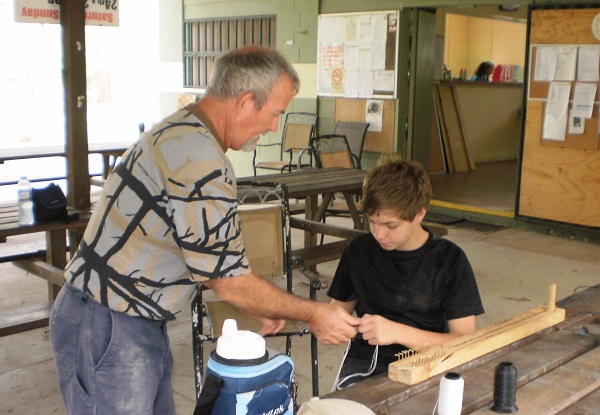 Gary showing Michael how to make a FlemishTwist String.JPG